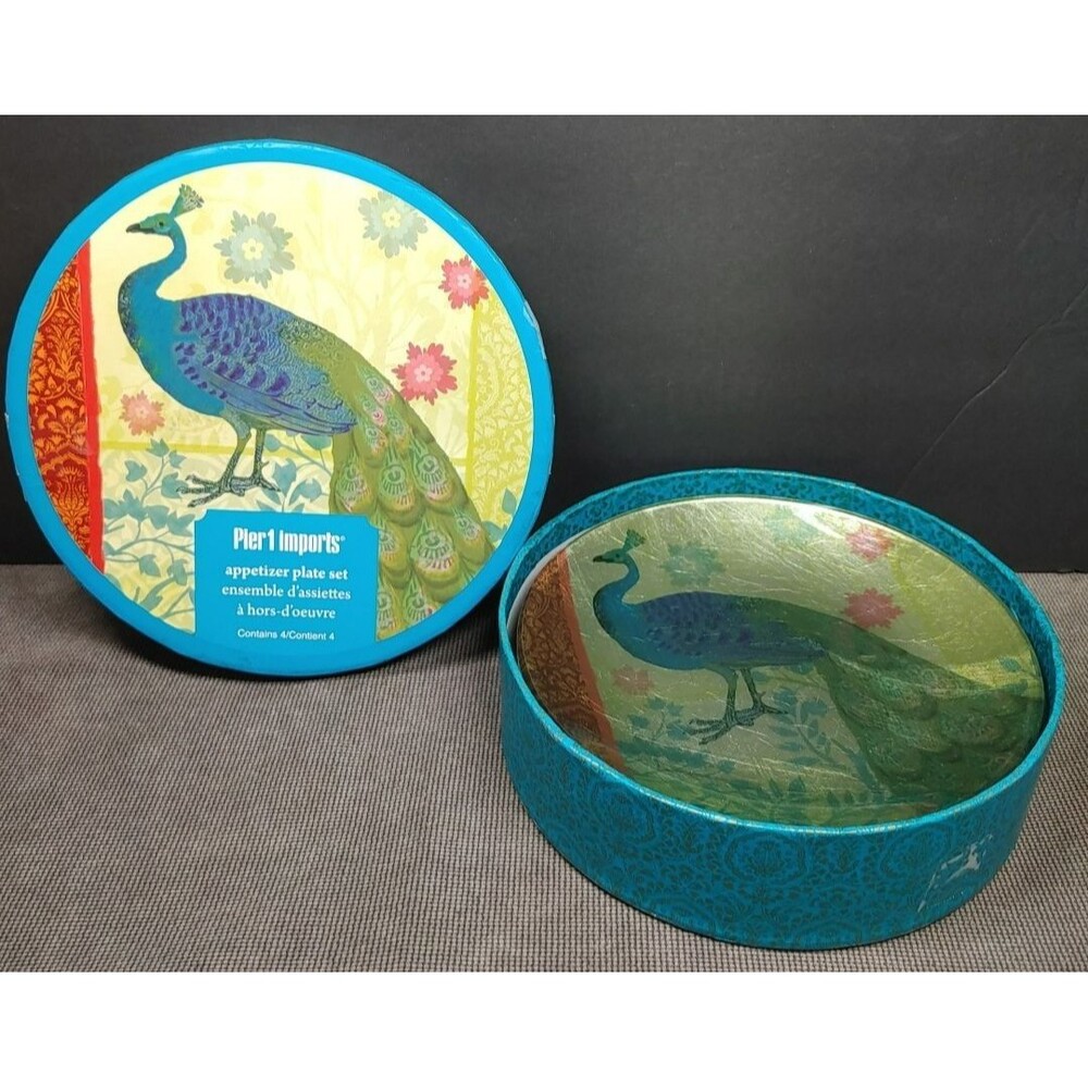 Pier 1 Imports Appetizer Plate Set Peacock 6" Salad Dessert Bread Glass Set Of 4